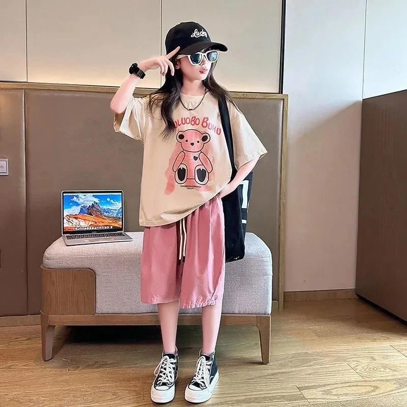 Summer Teenage Girl Clothes Kid Cartoon Bear T-Shirts Shorts Suit Children Girls Letter Short Sleeve Top and Bottom 2 Pieces Set