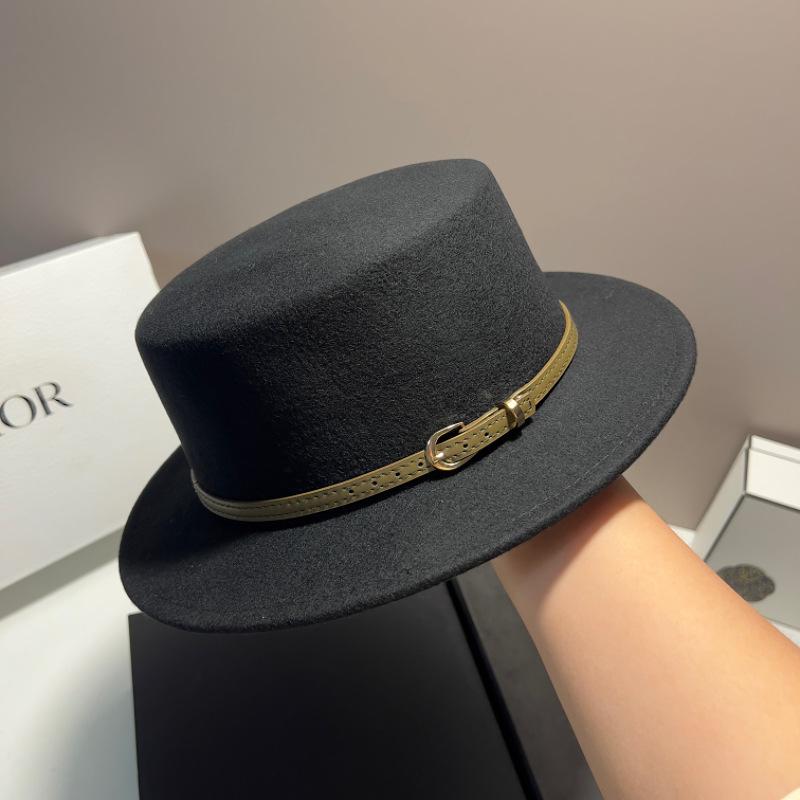 Australian wool woolen flat top top hat women's autumn and winter versatile flat-brimmed felt hat belt buckle contrasting color British jazz hat