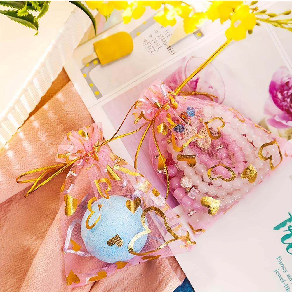 50pcs Pink Heart-Shaped Printed Organza Drawstring Bags with Golden Heart 4.72x3.54 Inches Durable Reusable Gift Bags Suitable
