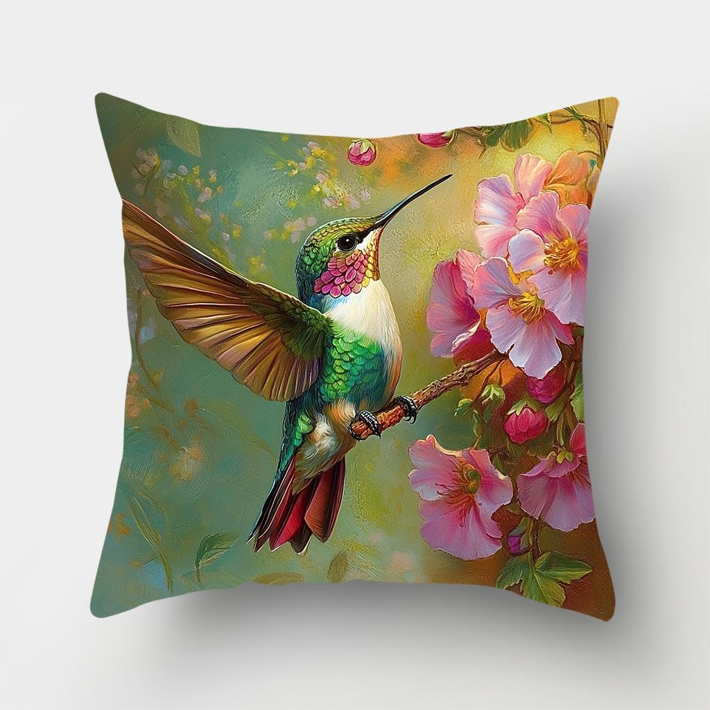 Hummingbird Floral Throw Pillow Covers, Contemporary Style Machine Washable,Woven Polyester, Decorative Pillowcases