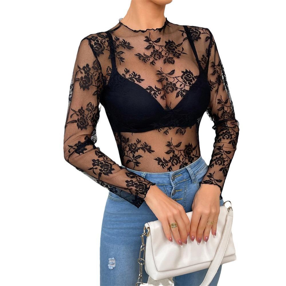 2025 Women's Lace Cutout See-Through Long Sleeve Top