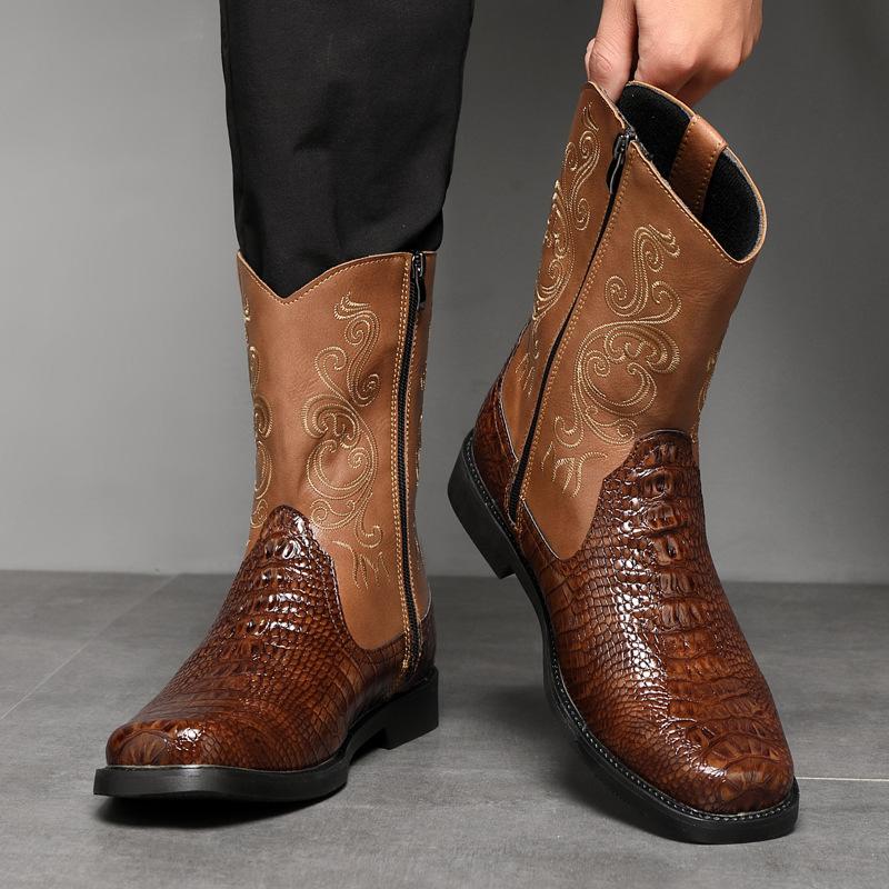 Fashion Men's Wide Width Tall Cowboy Boots Fall 2025 PU Leather High Shaft Western Embroidered Workwear Vintage Riding Boots for Outdoor