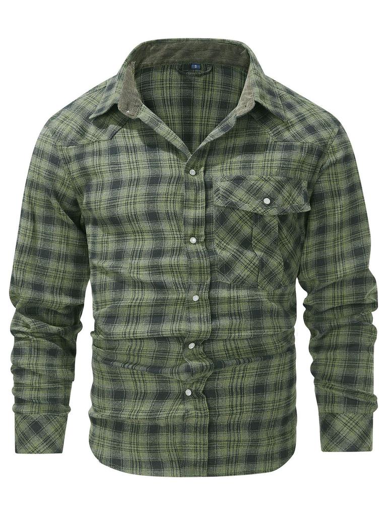 Autumn/Winter Denim Jacket with Turn-Down Collar and Flannel Plaid Shirt Coat