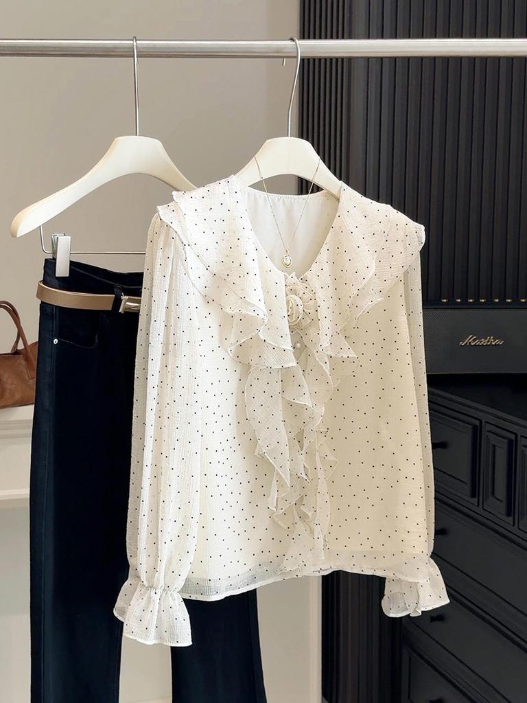 Women's French Ruffle Polka Dot Chiffon Shirt - Spring 2026 Design, Long Sleeve