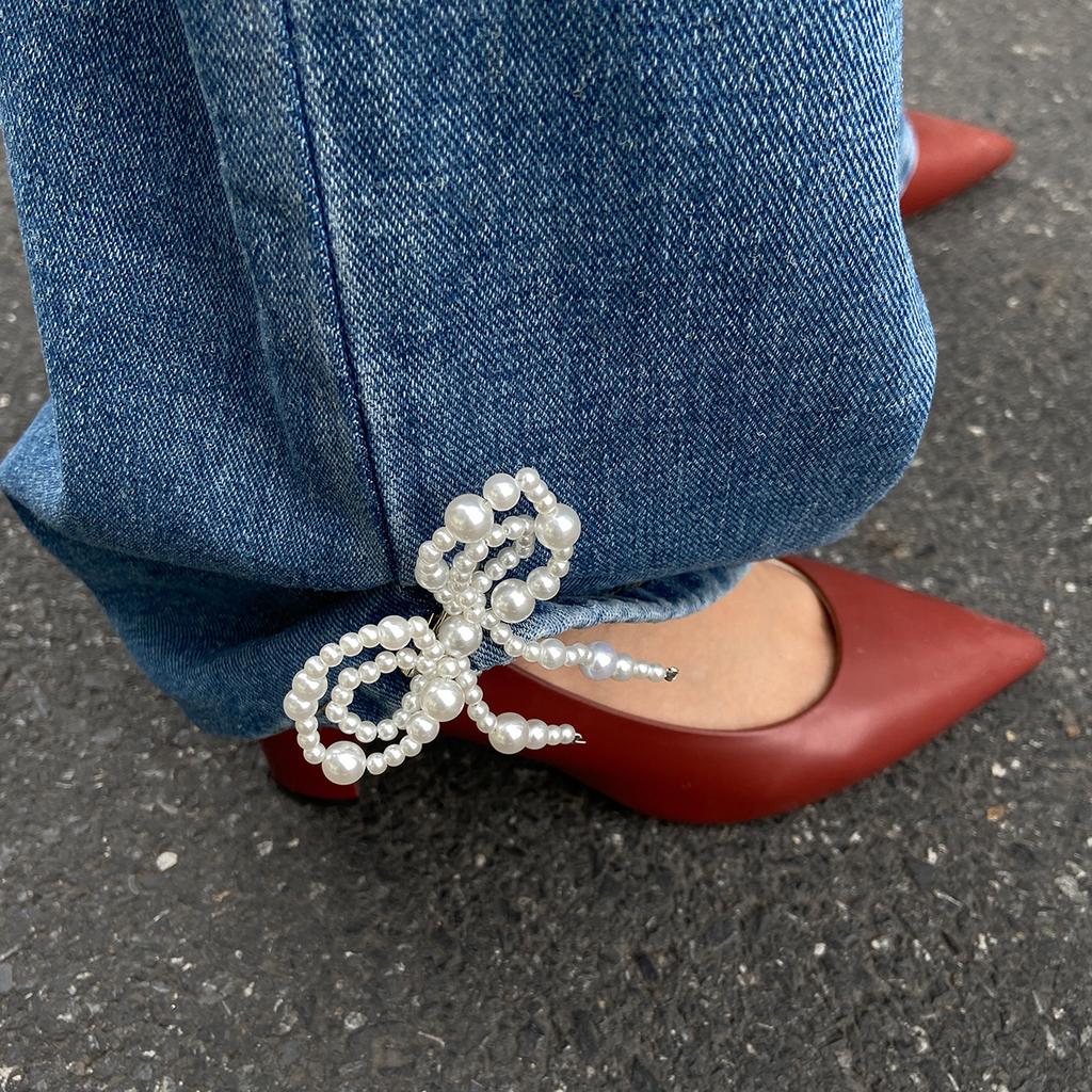 ins bow pants anklet, trouser length shortened decoration, European and American pins imitation pearls