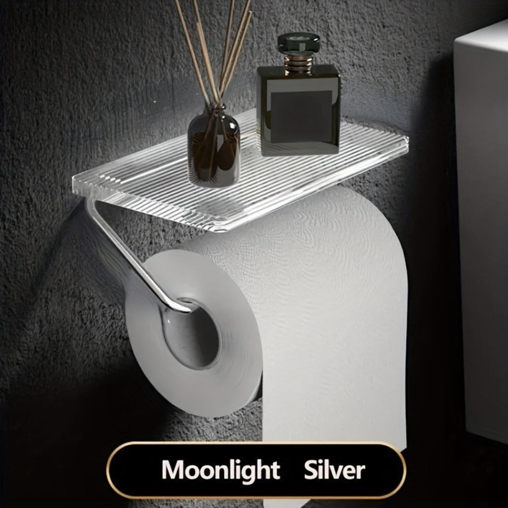 1PCS Acrylic Toilet Paper Holder with Shelf, 1pc Wall-Mounted Bathroom Tissue Roll Dispenser, Waterproof Space-Saving Organizer for Accessories