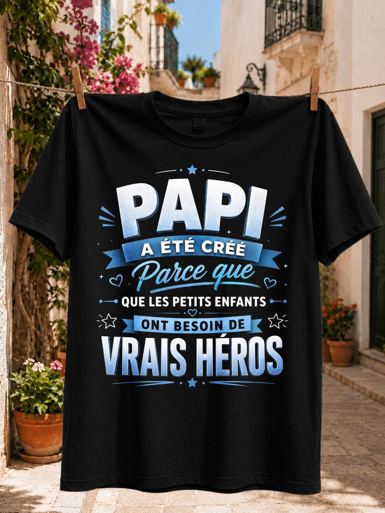 Papi a Ete Cree French Grandpa Hero with Blue Lettering Hearts Stars and Family Pride Message Unisex All TShirt
