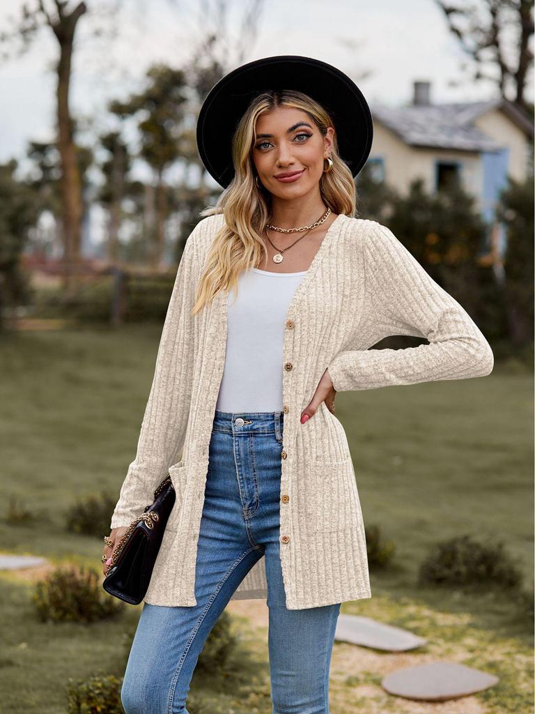 2023 Autumn Women's Brushed Ribbed Long Sleeve Cardigan Coat