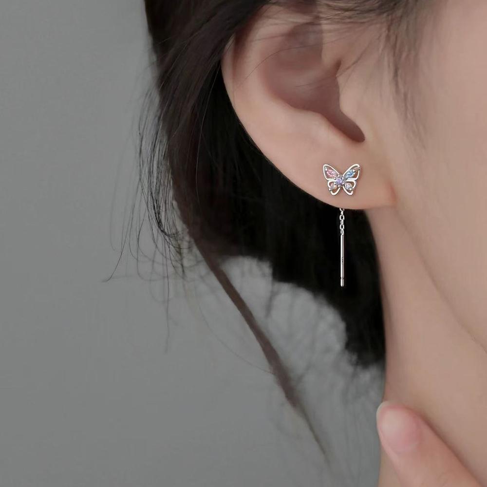 925 Silver Needle Zircon Butterfly Short Chain Tassel Stud Earrings For Women Classic Fine Jewelry Light Luxury Accessories
