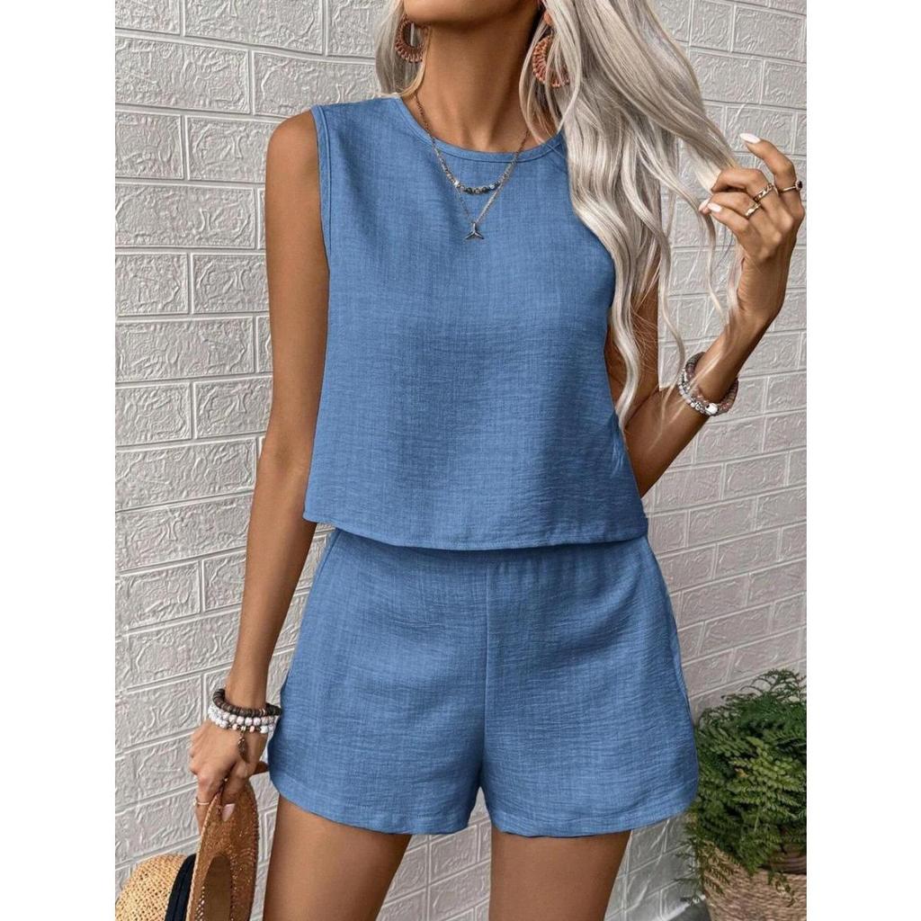 Completo da Donna a Maniche Corte e Pantaloncini Monocolore - Casual, Bottoni, Girocollo, Tutte le Stagioni, Abbigliamento Casual|Slee… Altro