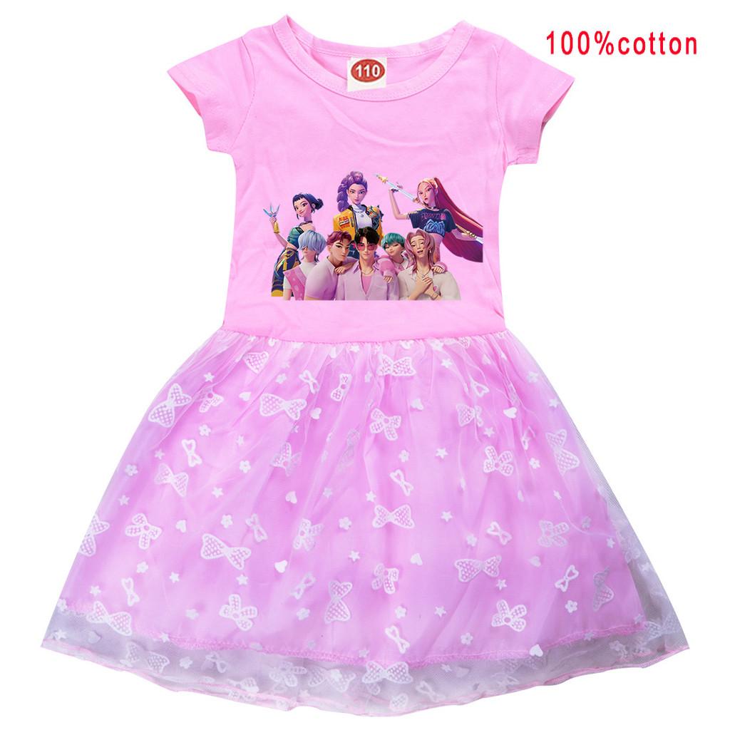 

Girls Anime Cartoon K-Pop Rumi Zoey Mira Print Short Sleeve Cotton Casual Mesh Lace Dress Kids Halloween Christmas Party Cosplay Costume 110cm рожевий