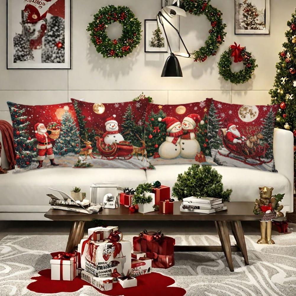 4 Pieces Christmas Pillow Covers Polyester 18x18 Inches Santa Snowman Reindeer Prints for Home Holiday Decoration