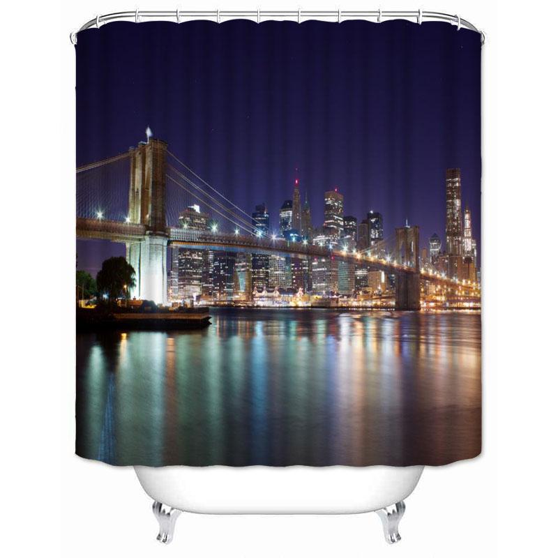 New York City Skyline Building Night View Shower Curtain Modern Bathroom Curtain Polyester Fabric Bath Curtain With Hooks