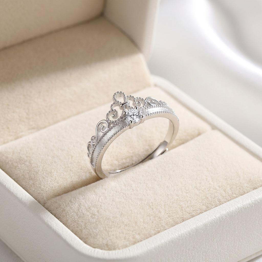 Anello S925 Argento a Forma di Cuore con Corona e Diamante - Regolabile Romantico Accessorio di Lusso