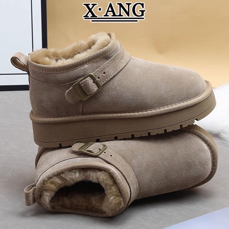 Leather wool snow boots women's winter new thick-soled velvet thickened warm large cotton shoes short boots