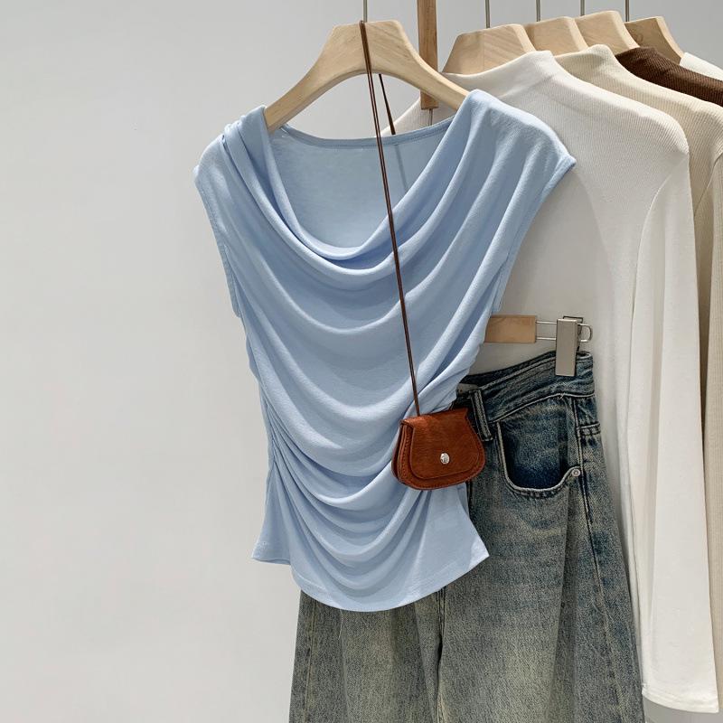 

European-Inspired Korean Swing Collar Pink Sleeveless T-Shirt - Summer 2026 Collection. Small синий