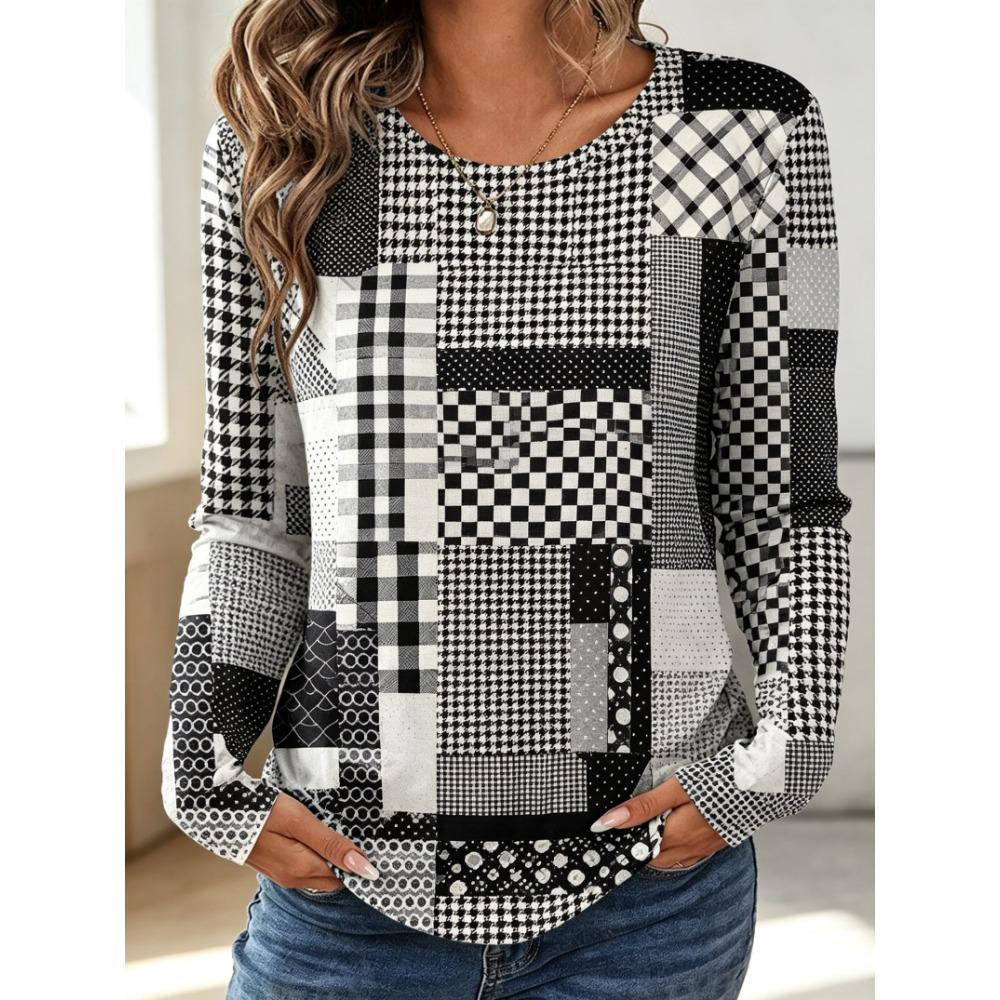 Women's Long Sleeve Crew Neck Patchwork Geometric Print Casual T-Shirt, Regular Tops for Spring Summer Daily Weekend Wear