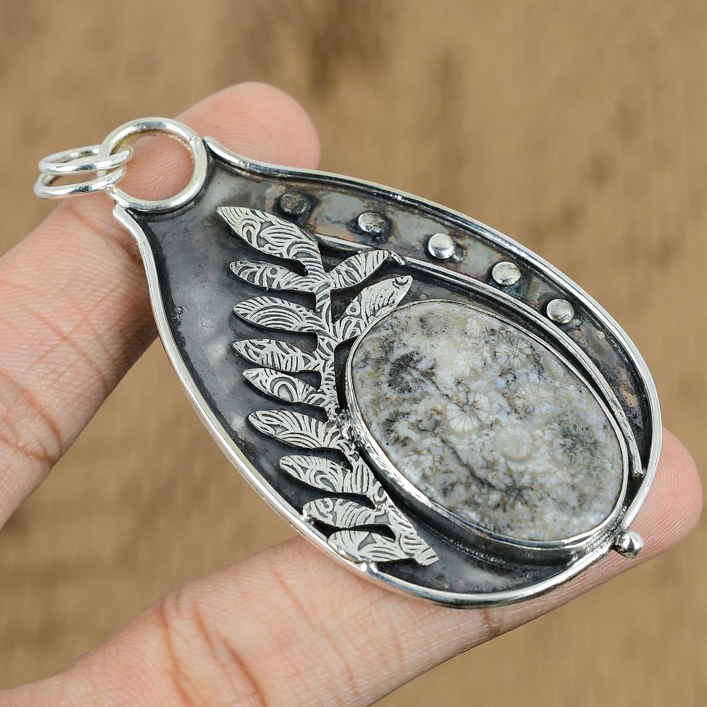 Osterverkauf Sterling Silber Oval Fossil Koralle Edelstein Mutter Geburtstag Anhänger