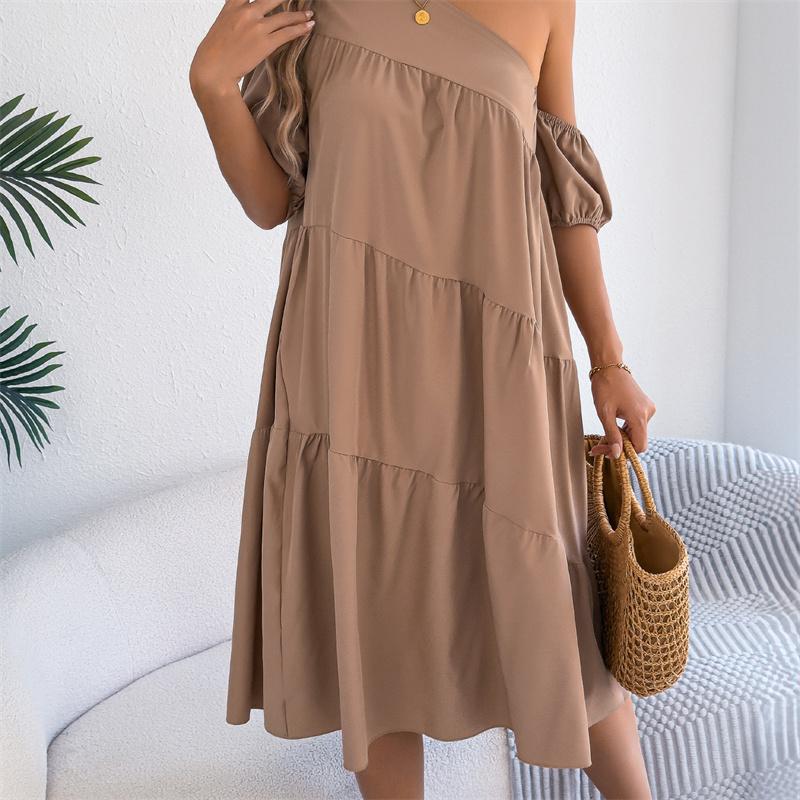 2026 Spring Summer Women's Off Shoulder Short Sleeved Ruffled Hem Long Skirt S-XL