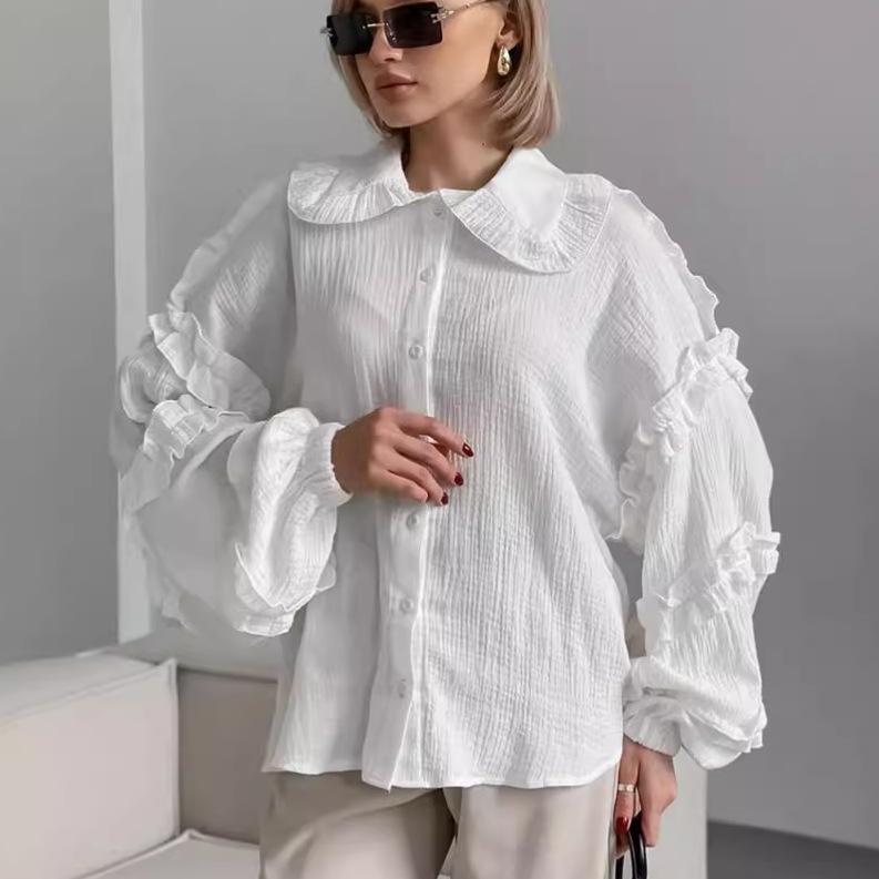 

Women s Autumn and Winter Fashion Design Lace Lantern Sleeve Loose Long Sleeve Shirt L білий