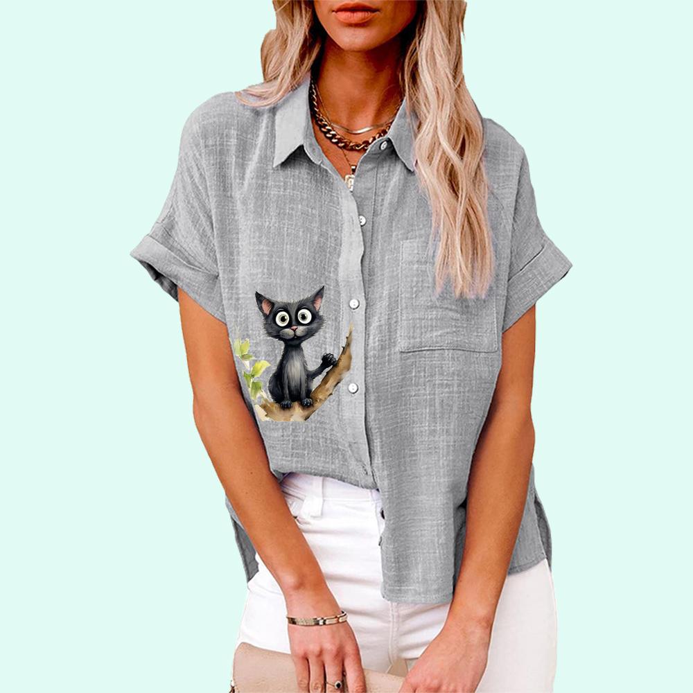 

Плюс Размер Женская модная футболка с принтом Лето и осень Повседневная льняная рубашка на пуговицах Женская свободная блузка с короткими рукавами 5XL серый