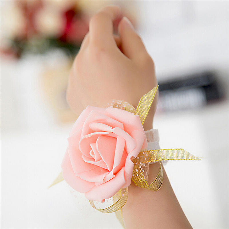 Bridesmaid Wrist Corsage Wedding Party Rose Bracelet Silk Flowers Ribbon