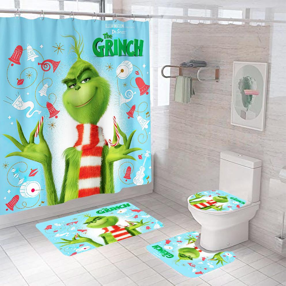 Bathroom Shower Curtain Four-Piece Green Hair Monster Christmas Green Waterproof Shower Curtain Toilet Partition Curtain Bath Mat