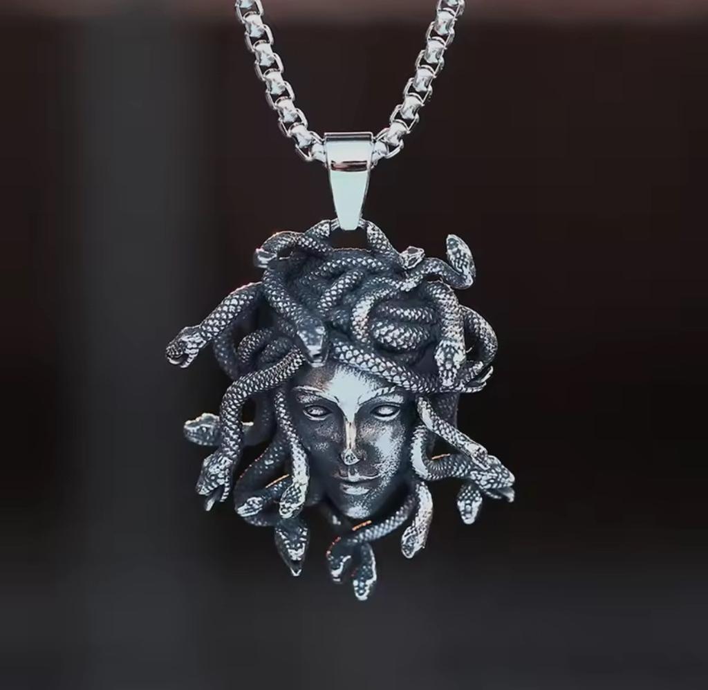 Vintage Snake Woman Medusa Statue Mythical Pendant Necklace