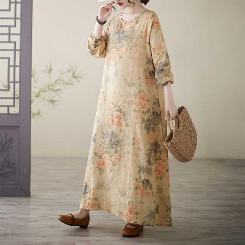 Printed Round Neck Loose Plus Size Long Sleeve Plus Size Vacation Dresses