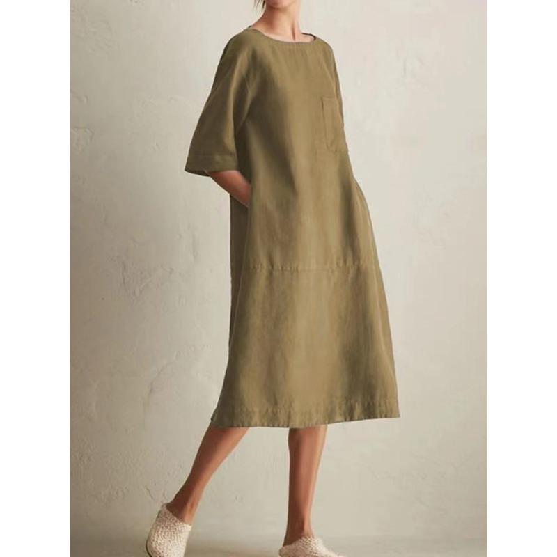 Solid Color Casual Round Neck Mid Sleeve Pocket New Dress Summer