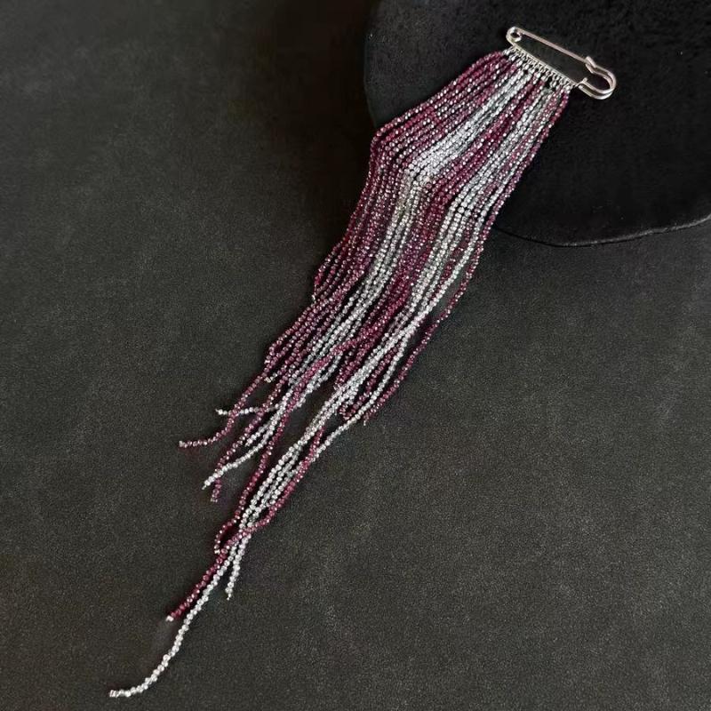 Fringed Beaded Chain Brooch Silver Red Beads Suit Pin Vintage Pendant for Women Elegant Office Party Gift