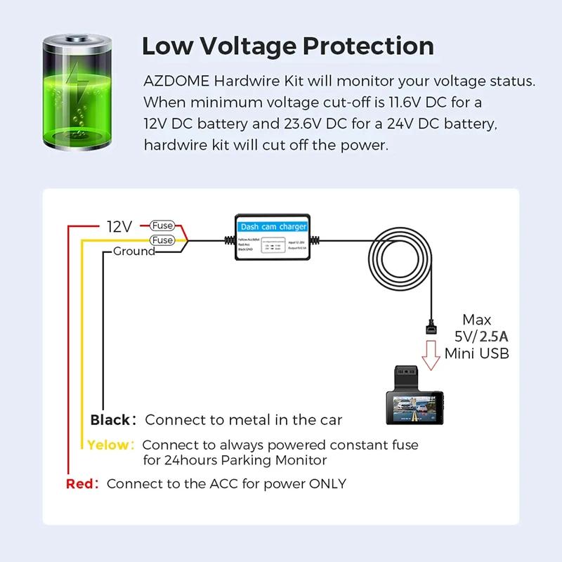 2.5A 3.5m 24H Parking Car Dash Cam DVR 12-24v Hardwire Cable Kit Step-Down Line Mini / Micro / Type-C USB Interface Charger