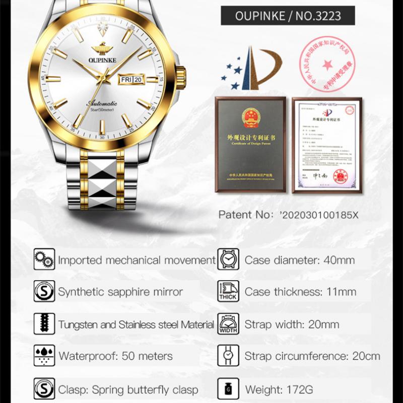 OUPINKE Montre Homme Double Calendrier Montre Mécanique Automatique Montre Diamant Haut De Gamme Étanche