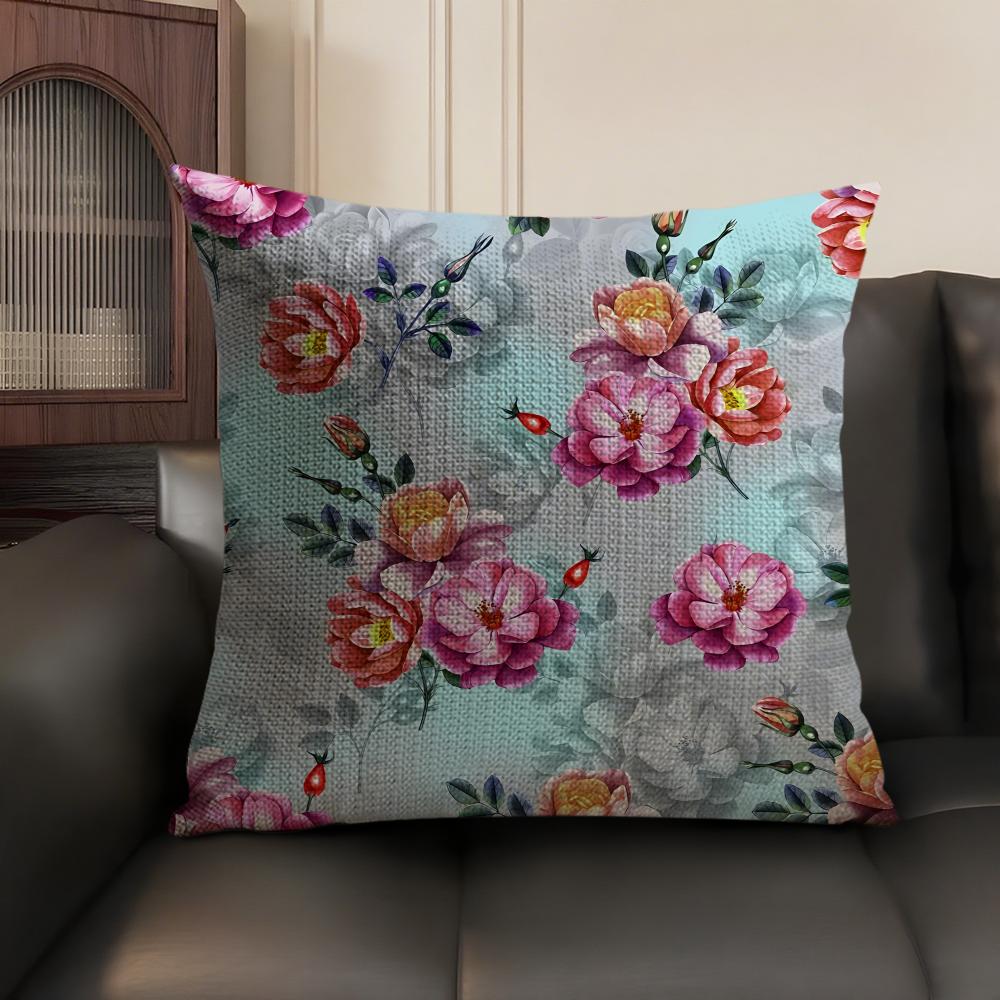 Classic Floral Print Elegant Cushion Cover Natural Linen Organic Fabric Double-Sided Printing Sofa Home Decor Gift Pillow Case