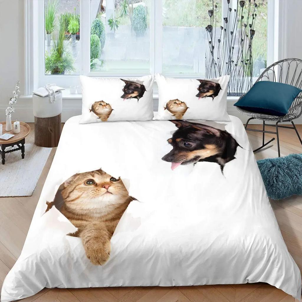 Boys Girls Kids 3D Bedding Cute Animal Pet Kitten Lovely Kitten Puppy Duvet Cover Cartoon Dog Animal Design Bedroom Decoration