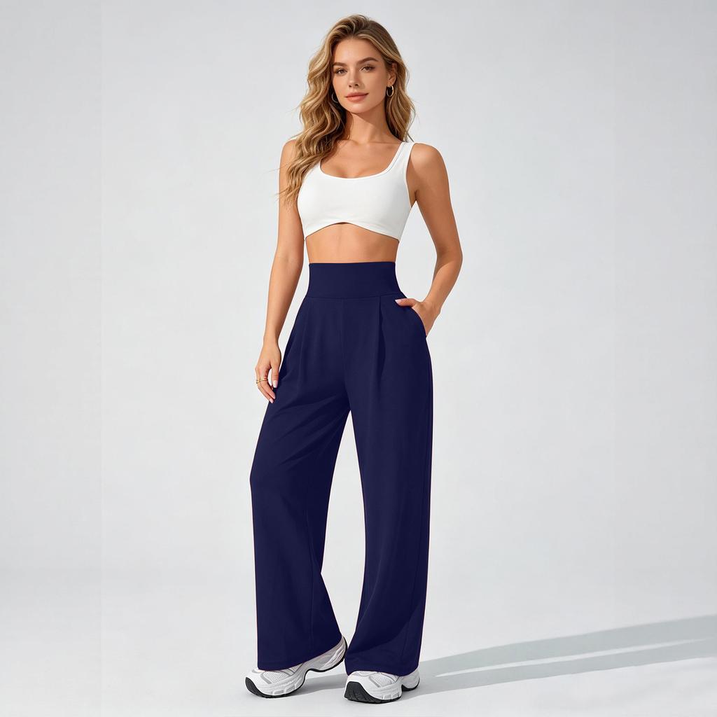 Hohe Taille Weites Bein Yogahosen für Damen Lockerer Schnitt Elastischer Bund Entspannte Lounge Trainingshosen mit Taschen