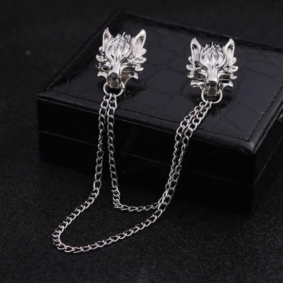 Unisex Double Wolf Head střapec Řetízek Brož Pin Suit Košilový límec Badge dárek