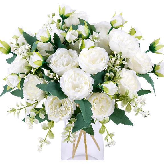Floweroyal 4 Bunches Peony Artificial Flowers White Flowers Silk Peonies Bouquets for Wedding Party Table Centerpieces Floral Arrangement Home