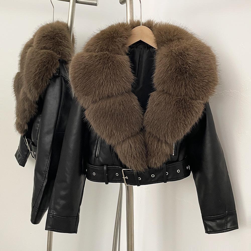 Women`s Faux Fox Fur Collar PU