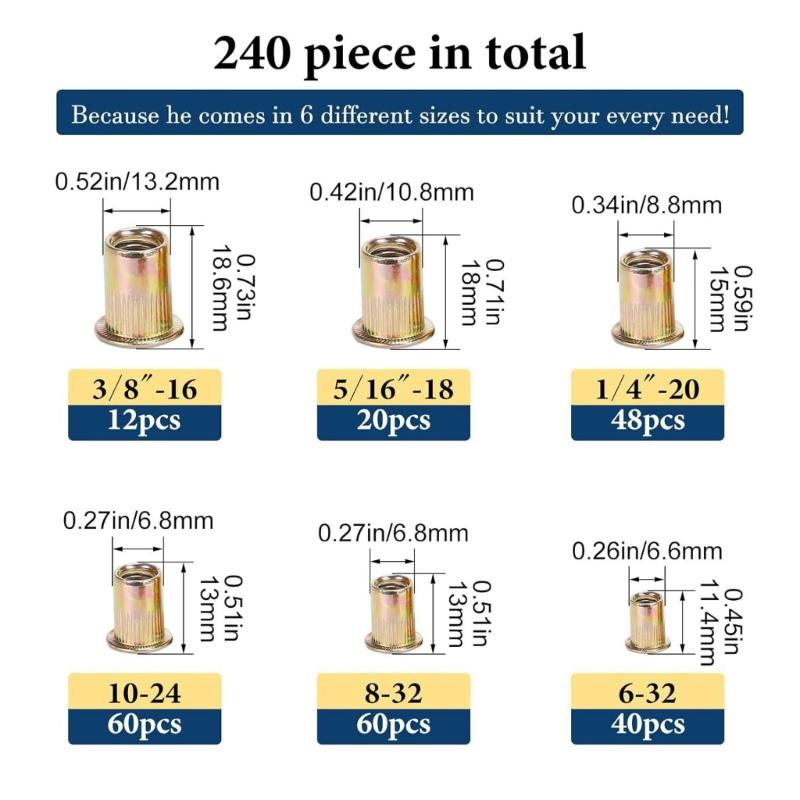 240pcs Flat Head Serrated Rivets Nut Set Galvanized Carbon Steel Nut set Carbon Steel Flat Head Rivets Nut for Fastening