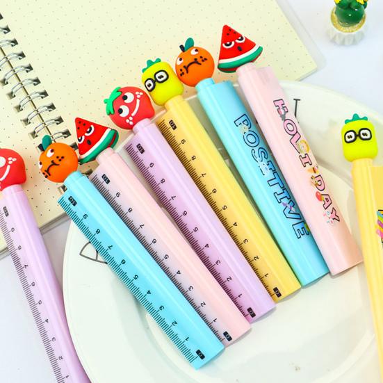 6/12Pcs Cartoon Fruit Gel Ruler 0.5MM Quick Drying Assorted Smooth Writing Pen with Multi-functional Writing Pen