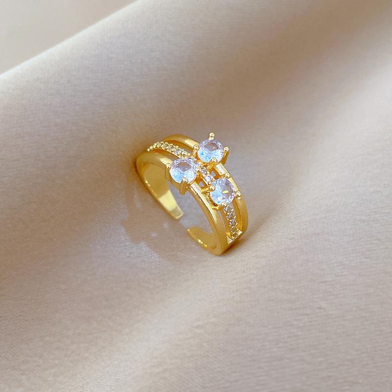 Real Gold Light Luxury Full Diamond Three-Layer Ring Opening Adjustable Simple Jewelry Japanese Ring Couple Ring