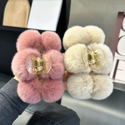 Real Otter Rabbit Hairball Ball Large Hairpin Back Head Temperament Clip Net Red Cute Plush Headdress Hair Grab Women's Hair Ornament