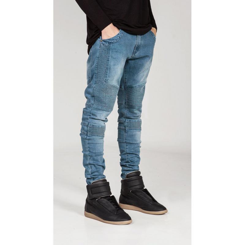 Trendy Slim-Fit Biker Jeans – Stylish Motorcycle Pants with Wrinkled Design for Cross-Border Fashion Enthusiasts