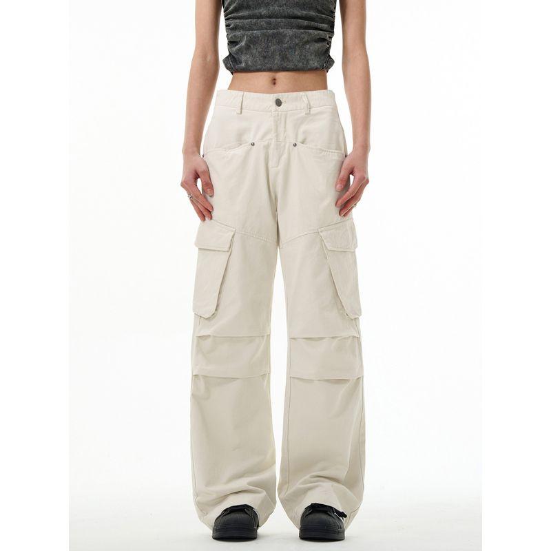 Kisko Niche American-Style Pleated Paratrooper Off-White Cargo Pants for Men and Women with Multiple Pockets, Loose Straight-Leg Casual Pants