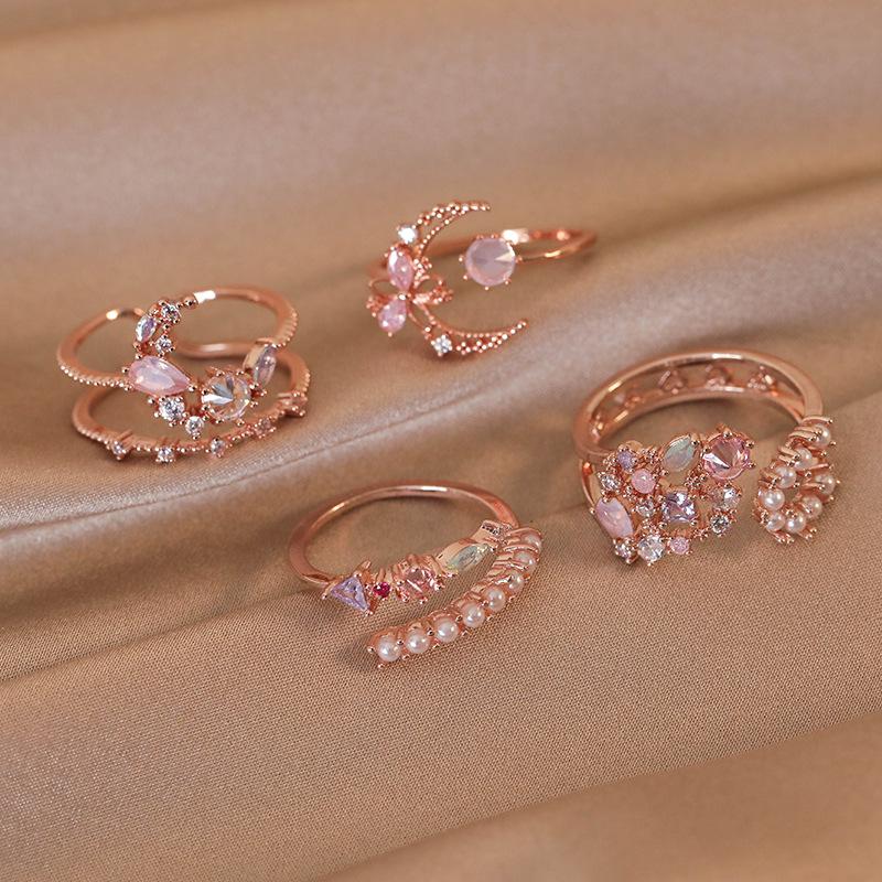 Elegant Adjustable Pearl Zircon Flower Ring