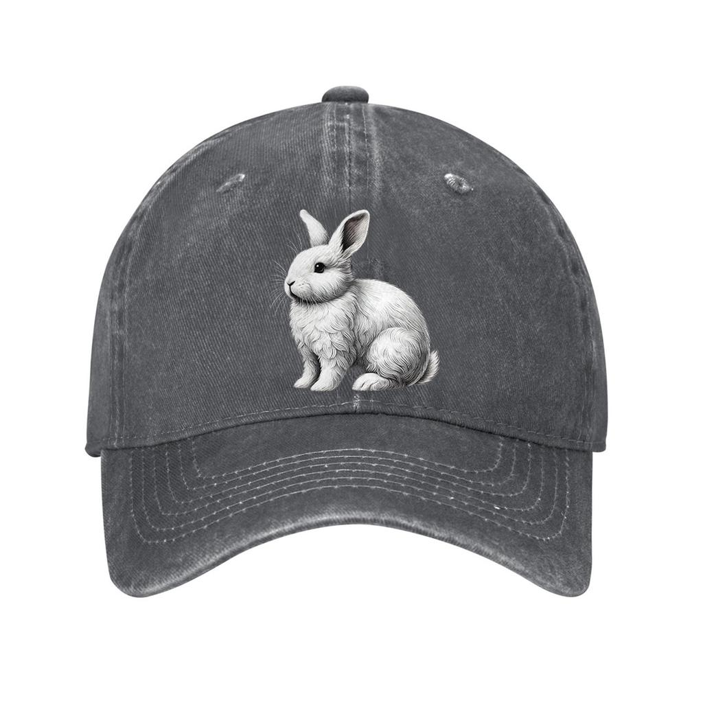 White Rabbit Graphic Baseball Cap Casual Cotton Adjustable Distressed Denim Outdoor Golf Hat