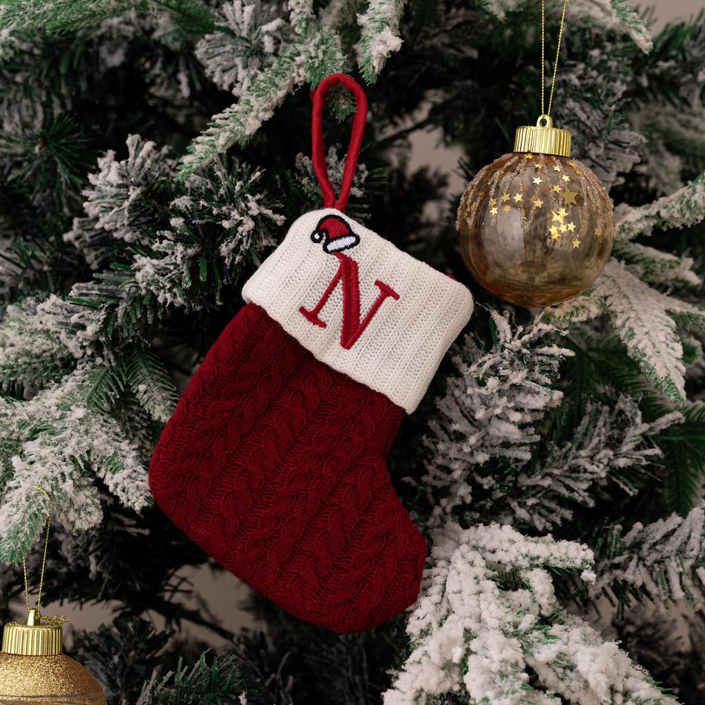 Haobei Red Knitted Christmas Stocking Ornament with Embroidered Lettering