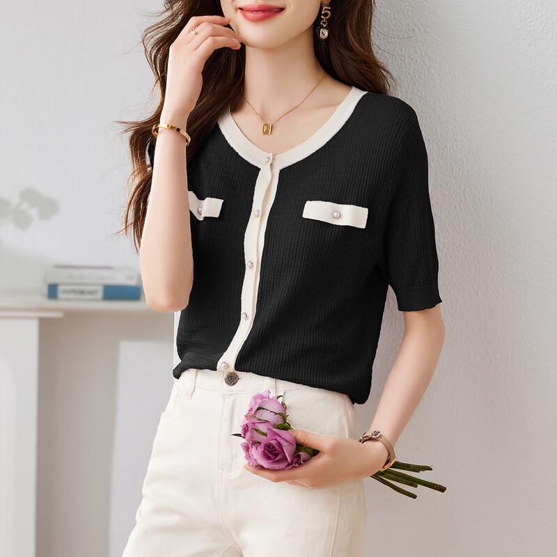 Sanpowa Elegant Color Block Knit Short Sleeve Top L чёрный