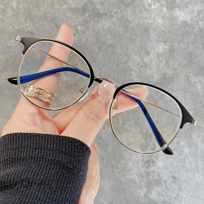 1 Pair Fashionable Unisex Round Full Frame Glasses Stainless Steel Anti-Blue Light Clear Acrylic Lenses